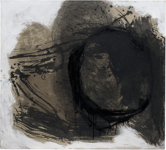 Dunkle Spur | 2020<br>Tusche, Eitempera, Ölfarbe, auf Leinwand<br>100 x 110 cm