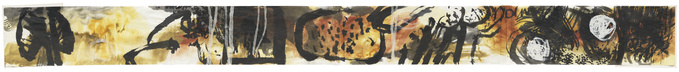 Mit Flügeln an den Armen (Leporello) | 2023<br>Aquarell, Tusche, Ölstift, Leinöl, auf Bütten<br>ca. 32 x 370 cm