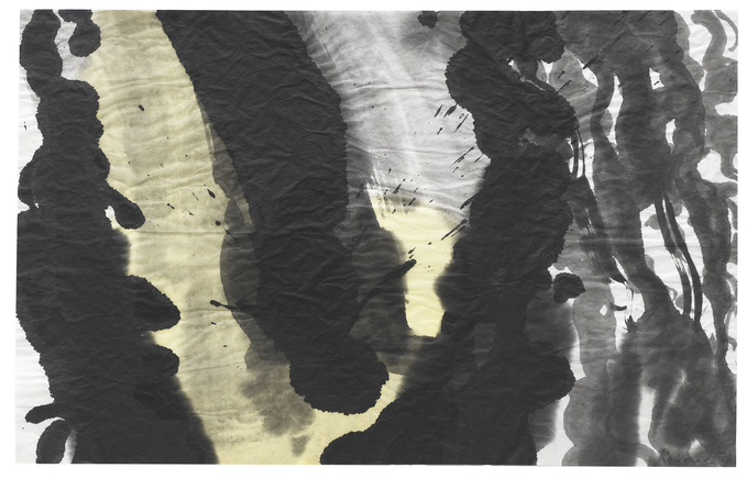 Adagio | 2023<br>Tusche, Leinöl, auf handgeschöpftem Papier<br>44 x 69 cm