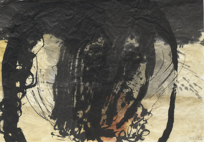 Schwarze Locken | 2023<br>Aquarell, Tusche, Leinöl, auf handgeschöpftem Papier<br>63 x 91 cm