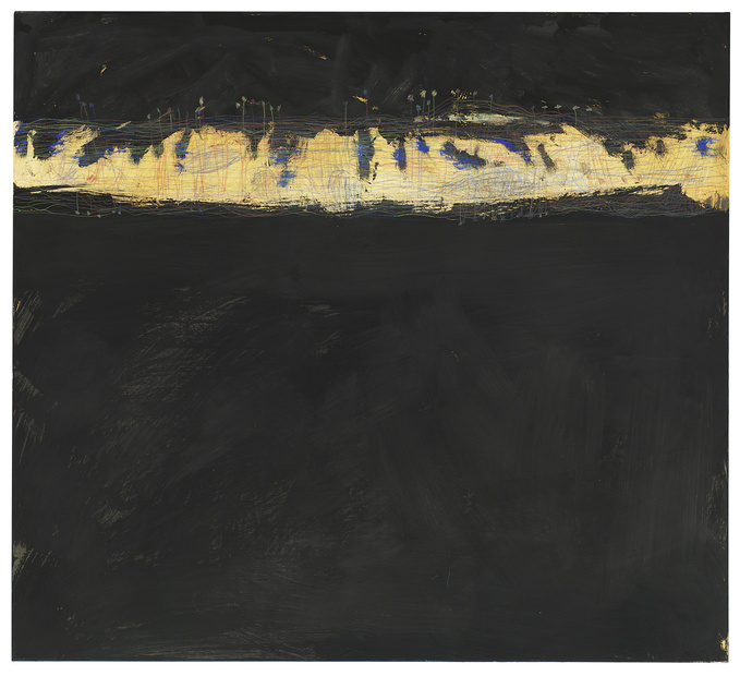 Nachtgarten | 2023<br>Eitempera, Ölpastellkreide, Buntstifte, auf Leinwand<br>100 x 110 cm